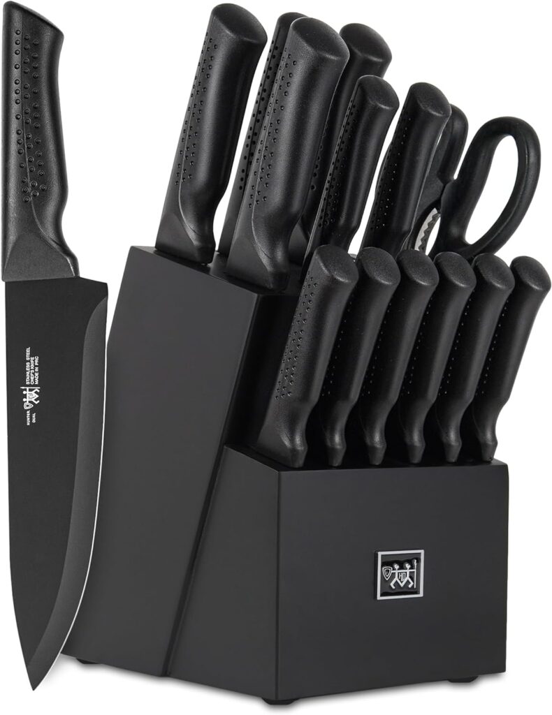 Hundop knife set, 15 Pcs Black knife sets for kitchen with block Self Sharpening